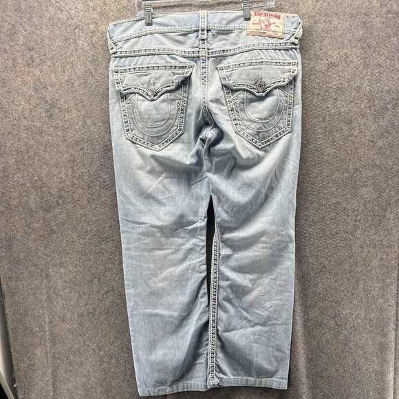 True Religion Jeans Mens 36 Light Wash Section Straight Leg Flap Denim Pants - Picture 2 of 10